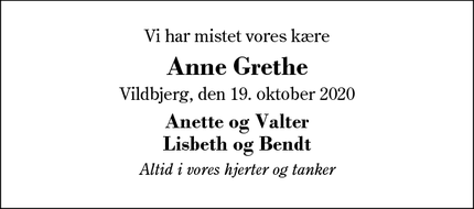 Dødsannoncen for Anne Grethe - Tjørring, 7400  herning
