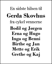 Dødsannoncen for Gerda Skovhus - Simmelkær