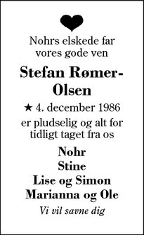 Dødsannoncen for Stefan Rømer-Olsen - Rind