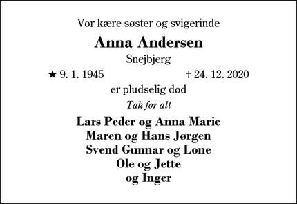 Dødsannoncen for Anna Andersen - Snejbjerg