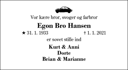 Dødsannoncen for Egon Bro Hansen - Feldborg
