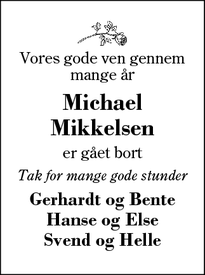 Dødsannoncen for Michael Mikkelsen - herning