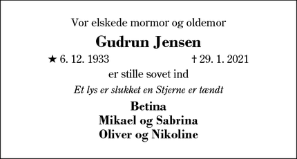 Dødsannoncen for Gudrun Jensen - Herning