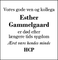 Dødsannoncen for Esther
Gammelgaard - Haderup