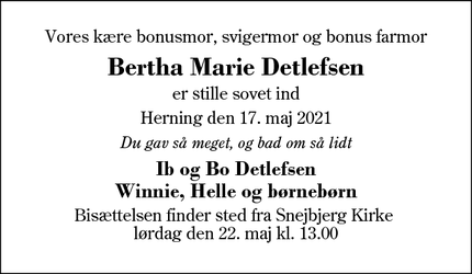 Dødsannoncen for Bertha Marie Detlefsen - Snejbjerg