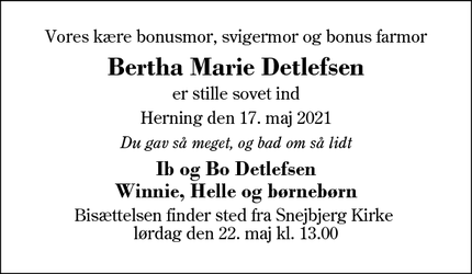 Dødsannoncen for Bertha Marie Detlefsen - Snejbjerg