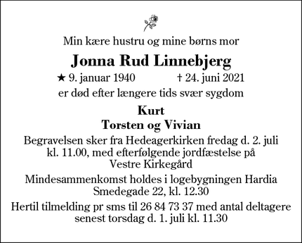 Dødsannoncen for Jonna Rud Linnebjerg - Herning