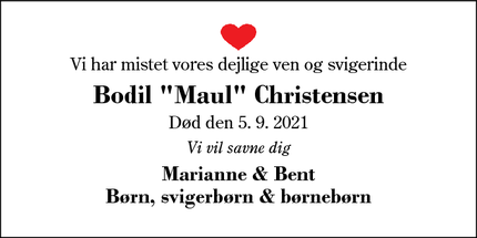 Dødsannoncen for Bodil "Maul" Christensen - Ikast