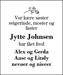 Dødsannoncen for Jytte Johnsen - Herning