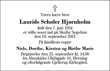 Dødsannoncen for Laurids Schøler Hjørnholm - Viborg 