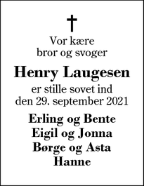 Dødsannoncen for Henry Laugesen - Videbæk