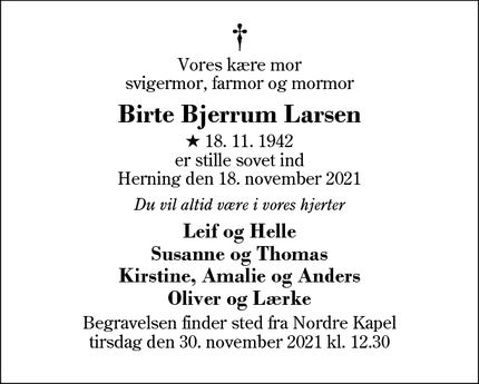 Dødsannoncen for Birte Bjerrum Larsen - Herning