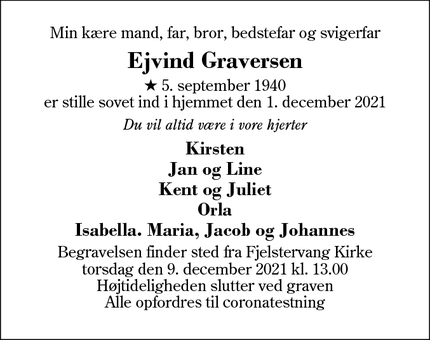 Dødsannoncen for Ejvind Graversen - Fjelstervang