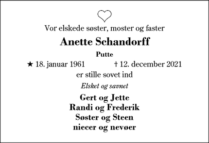 Dødsannoncen for Anette Schandorff - Herning