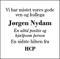 Dødsannoncen for Jørgen Nydam - Haderup