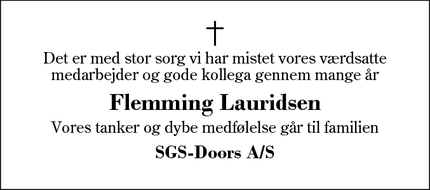 Dødsannoncen for Flemming Lauridsen - 7430