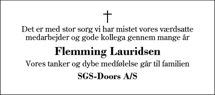 Dødsannoncen for Flemming Lauridsen - 7430