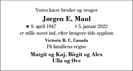 Dødsannoncen for Jørgen E. Maul - Ry
