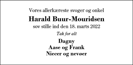 Dødsannoncen for Harald Buur-Mouridsen - Herning