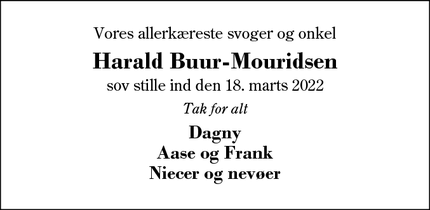 Dødsannoncen for Harald Buur-Mouridsen - Herning