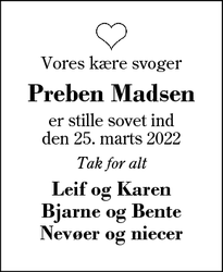 Dødsannoncen for Preben Madsen - Sunds