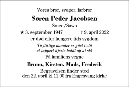 Dødsannoncen for Søren Peder Jacobsen - Gl.Hampen