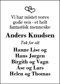 Dødsannoncen for Anders Knudsen - Hammerum - Gjellerup