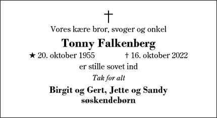 Dødsannoncen for Tonny Falkenberg - Brande
