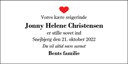 Dødsannoncen for Jonny Helene Christensen - Snejbjerg