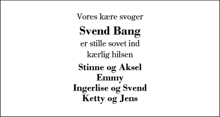 Dødsannoncen for Svend Bang - Sunds