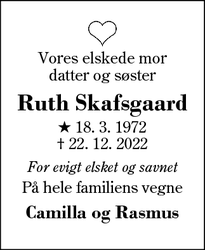 Dødsannoncen for Ruth Skafsgaard - Herning