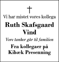 Dødsannoncen for Ruth Skafsgaard
Vind - Kibæk
