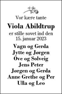 Dødsannoncen for Viola Abildtrup - Herning