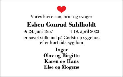 Dødsannoncen for Esben Conrad Sahlholdt - Snejbjerg, Herning. 