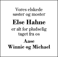 Dødsannoncen for Else Hahne - Herning