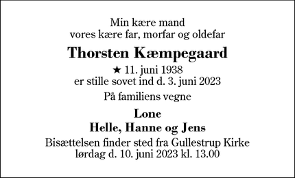 Dødsannoncen for Thorsten Kæmpegaard - Herning