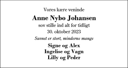 Dødsannoncen for Anne Nybo Johansen - Sunds