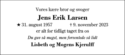 Dødsannoncen for Jens Erik Larsen - Videbæk