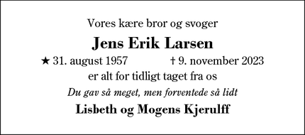 Dødsannoncen for Jens Erik Larsen - Videbæk