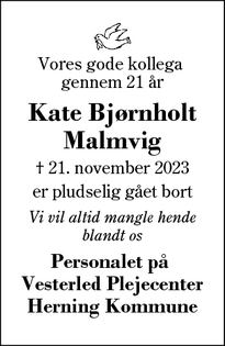 Dødsannoncen for Kate Bjørnholt Malmvig - Vildbjerg