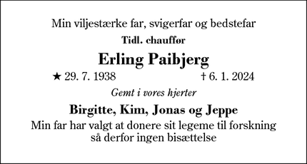 Dødsannoncen for Erling Paibjerg - Varde