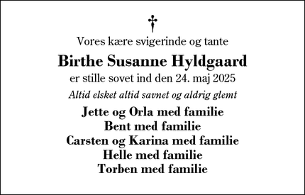 Dødsannoncen for Birthe Susanne Hyldgaard - Herning