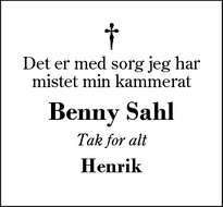 Dødsannoncen for Benny Sahl - Skarild