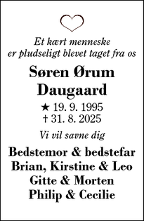 Dødsannoncen for Søren Ørum Daugaard - Simmelkær