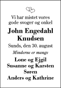 Dødsannoncen for John Engedahl
Knudsen - Sunds