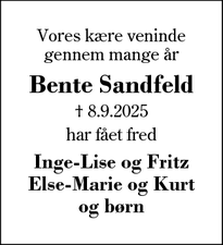 Dødsannoncen for Bente Sandfeld - Arnborg