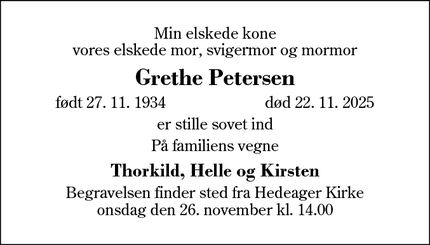 Dødsannoncen for Grethe Petersen - Herning