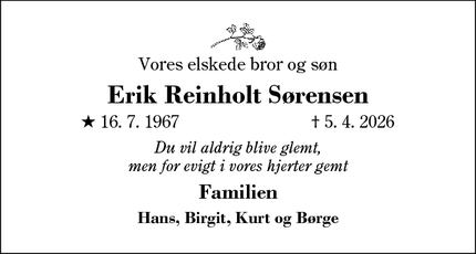 Dødsannoncen for Erik Reinholt S&oslash;rensen - Herning