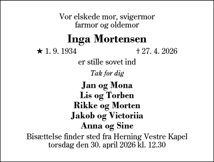 Dødsannoncen for Inga Mortensen - Herning