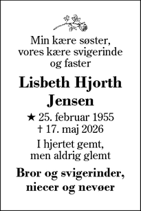 Dødsannoncen for Lisbeth Hjorth
Jensen - Herning